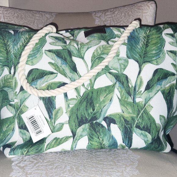 Canvas Tote Bag Large - NWT - Green Leaves Print - Picture 1 of 9
